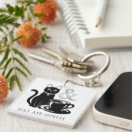 Cute Cat Lover Coffee Lover Black and White Sleutelhanger (Voorkant Rechts)