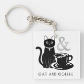 Cute Cat Lover Coffee Lover Black and White Sleutelhanger (Voorkant)