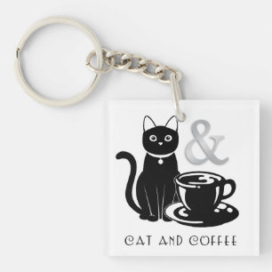 Cute Cat Lover Coffee Lover Black and White Sleutelhanger