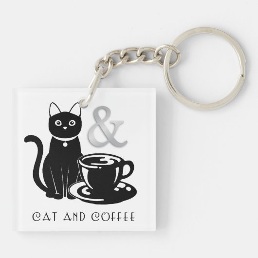 Cute Cat Lover Coffee Lover Black and White Sleutelhanger (Achterkant)