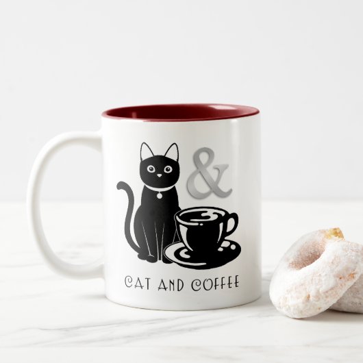 Cute Cat Lover Coffee Lover Black and White Tweekleurige Koffiemok (Met donut)