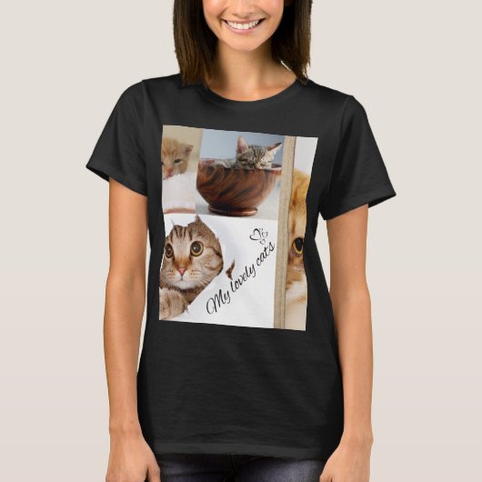 Cute Cat Lover Collage T-Shirt met Meow Design |  (Voorkant)