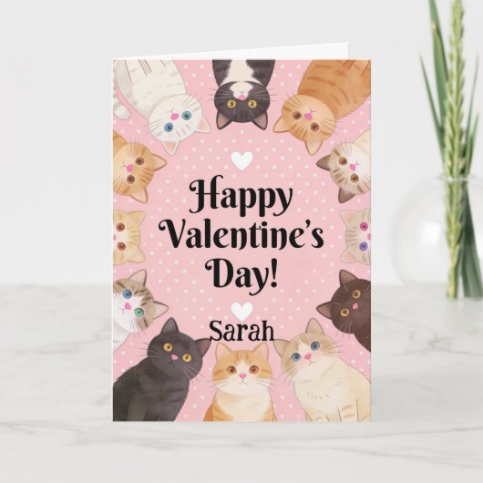 Cute Cat Lover Polka Dots Happy Valentine's Day Kaart (Voorkant)