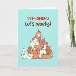 Cute Cat Lover Pun Let's Pawty Funny Birthday Kaart