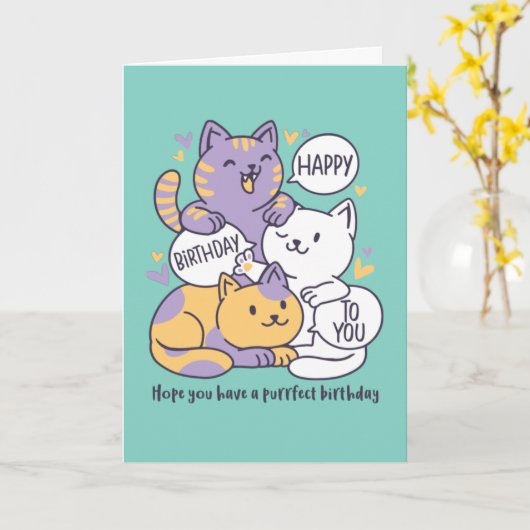 Cute Cat Lover Purrfect Happy Birthday Kaart (Gele Bloem)