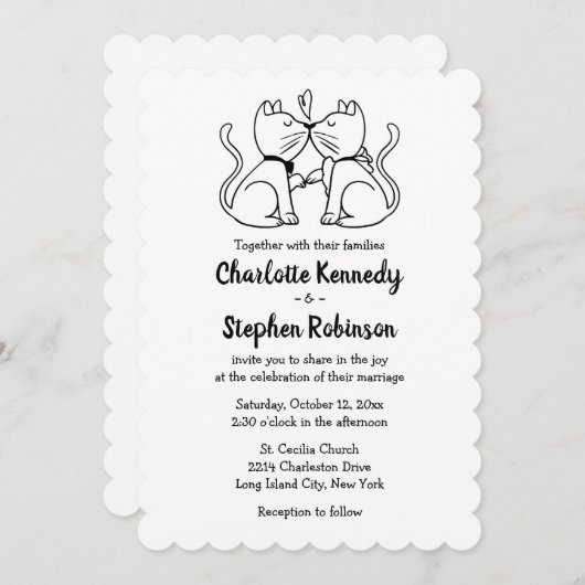 Cute Cat Lover Wedding Black White Modern Kittens Kaart (Voorkant / Achterkant)
