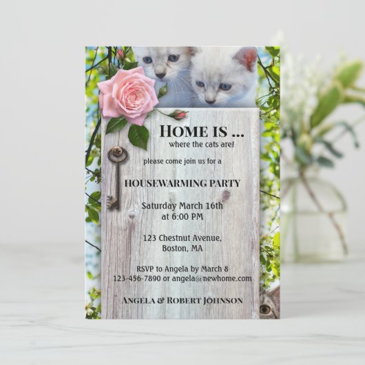Cute Cat Lovers Housewarming Invitation Kaart (Staand voorkant)