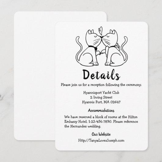 Cute Cat Lovers Kat Black White Wedding Details Kaart (Voorkant / Achterkant)