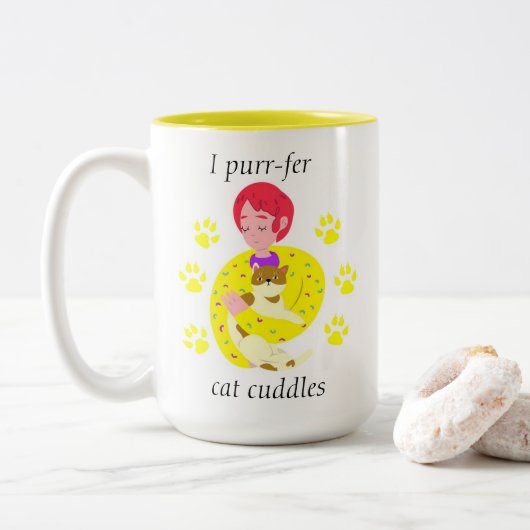 Cute Cat Lovers Spinnende kat Tweekleurige Koffiemok (Met donut)