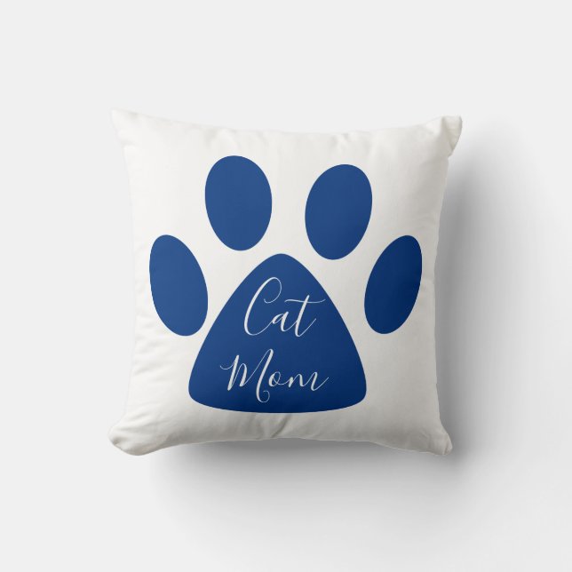 Cute Cat Mam Navy Pawprint Kussen (Voorkant)