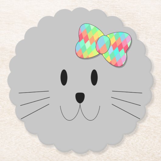 Cute Cat Meow Rainbow Bow Gray Glitter Kat Kinder Kartonnen Onderzetters (Voorkant)