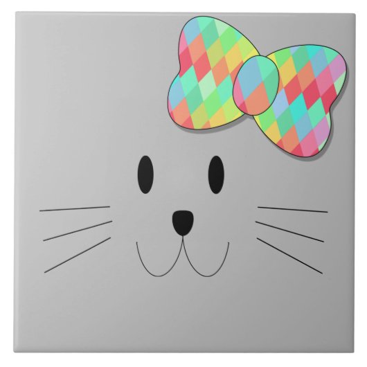 Cute Cat Meow Rainbow Bow Gray Glitter Kat Kinder Tegeltje (Voorkant)