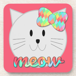 Cute Cat Meow Rainbow Bow Roze Glitter Kat Kinder Bier Onderzetter