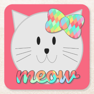 Cute Cat Meow Rainbow Bow Roze Glitter Kat Kinder Kartonnen Onderzetters