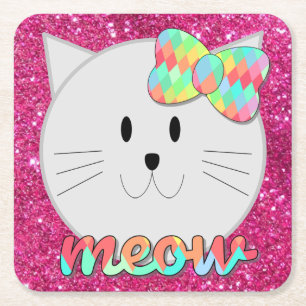 Cute Cat Meow Rainbow Bow Roze Glitter Kat Kinder Kartonnen Onderzetters