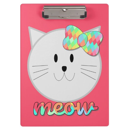Cute Cat Meow Rainbow Bow Roze Glitter Kat Kinder Klembord (Voorkant)
