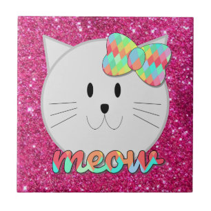 Cute Cat Meow Rainbow Bow Roze Glitter Kat Kinder Tegeltje