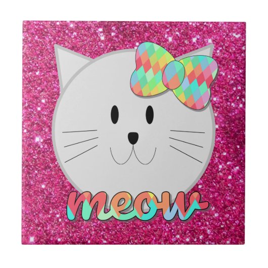 Cute Cat Meow Rainbow Bow Roze Glitter Kat Kinder Tegeltje (Voorkant)