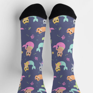 Cute Cat Mermaids Colorful Illustrtern Sokken