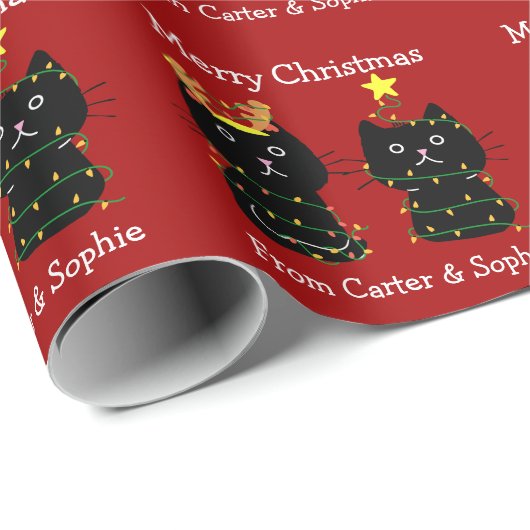 Cute Cat Merry-kerstlampjes, speciaal rood Cadeaupapier (Rol Hoek)