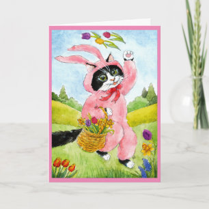 Cute Cat met bloemen in een bunny suit kaart