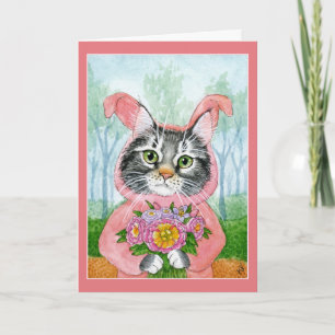 Cute Cat met bloemen in een konijnenkaart Feestdagen Kaart