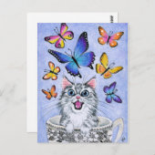 Cute Cat met Butterflies, Tea Cup briefkaart (Voorkant / Achterkant)