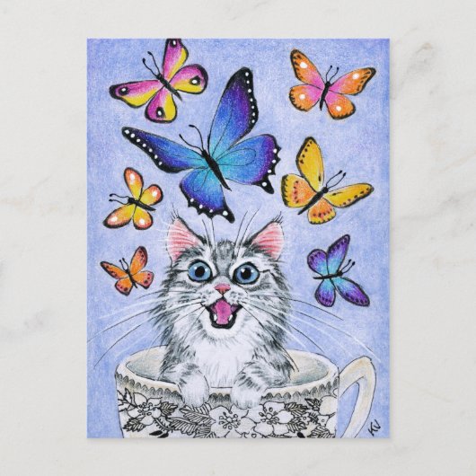 Cute Cat met Butterflies, Tea Cup briefkaart (Voorkant)