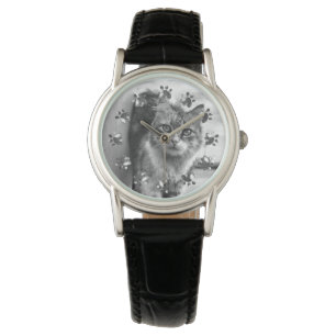 Cute Cat met Cat Tracks Background Women's Watch Horloge