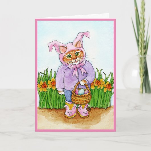 Cute Cat met daffodis in bunny suit Paaskaart Feestdagen Kaart (Voorkant)