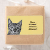 Cute Cat met Glasses op Geel adreslabel Etiket (Insitu)