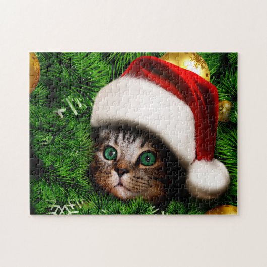 Cute Cat met kerstboom Legpuzzel (Horizontaal)