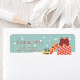 Cute Cat met kerstcadeautje Aqua Green Kerstmis Etiket