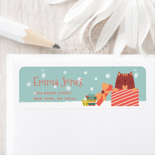 Cute Cat met kerstcadeautje Aqua Green Kerstmis Etiket (Insitu)