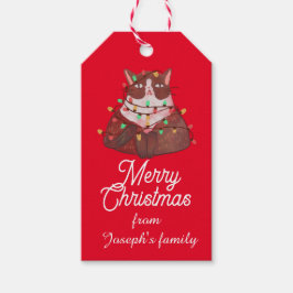 Cute cat met kerstlicht cadeaulabel