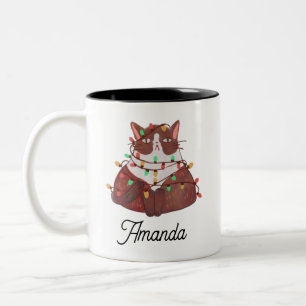 Cute cat met kerstmis light Two-Tone mok