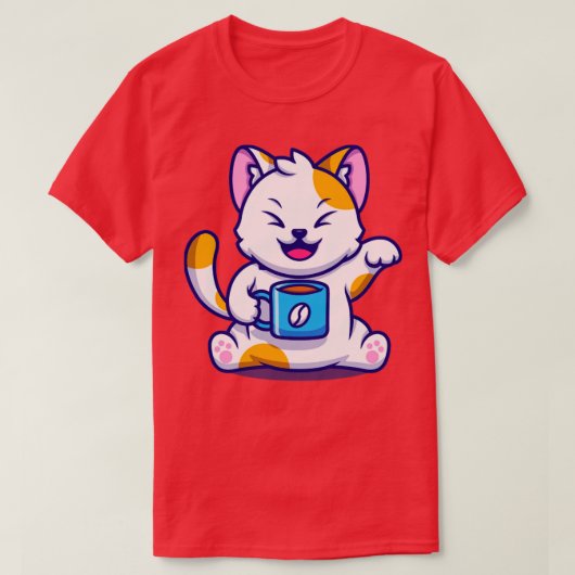 Cute Cat met koffiebeker Cartoon T-shirt (Design voorkant)