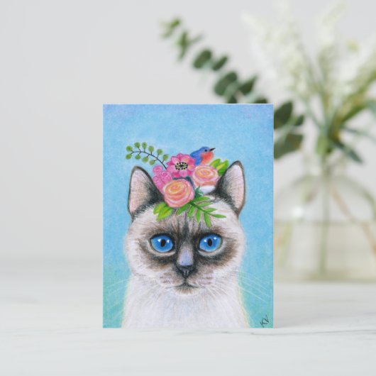 Cute Cat met Pet briefkaart van lentbloemen (Staand voorkant)