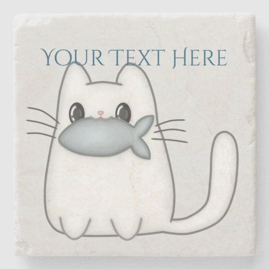 Cute Cat met Prize Fish Stenen Onderzetter (Voorkant)