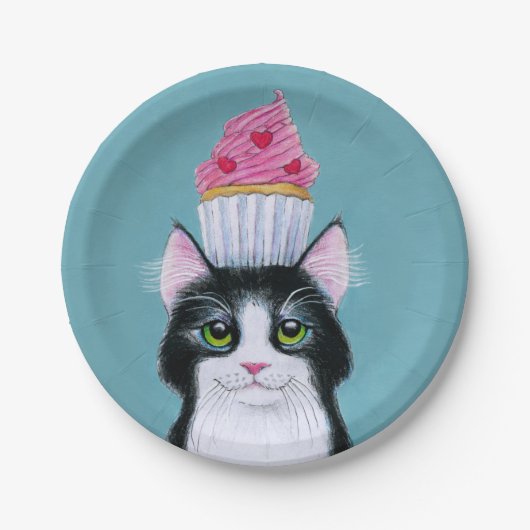 Cute Cat met roze cupcake Papieren Bordje (Voorkant)