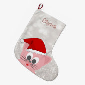 Cute Cat met Santa Hat, Glittery Bokeh Grote Kerstsok (Voorkant (Hangend))
