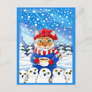 Cute Cat met Snowy Owls Winter briefkaart