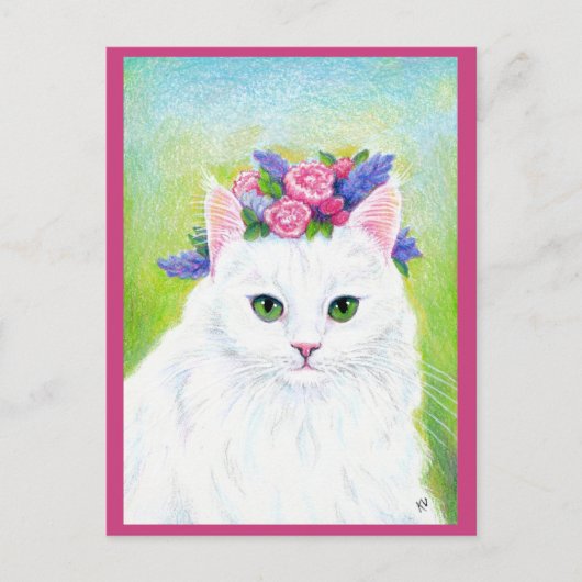 Cute Cat met Spring Flowers Pet roze briefkaart (Voorkant)