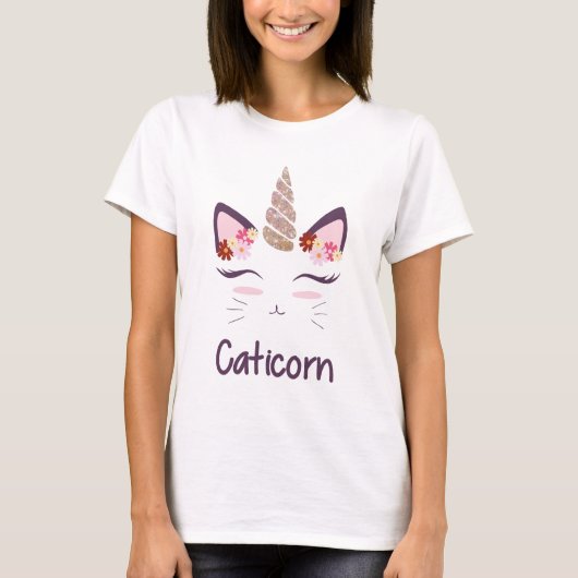 Cute Cat met T-shirt met Unicorn Horn en Flowers (Voorkant)