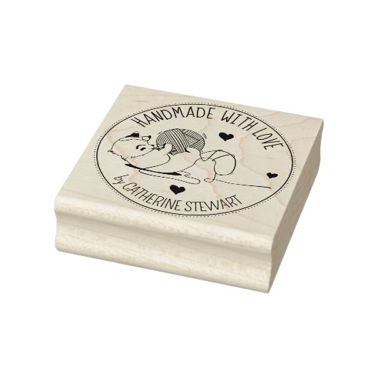 Cute Cat met Wool Ball Handgemaakt met liefde, Rubberstempel (Stempel)