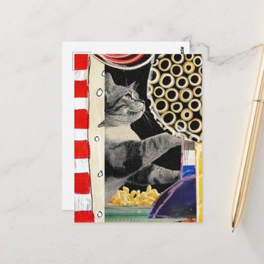 Cute Cat Mixed Media Collage Briefkaart (Voorkant / Achterkant in situ)