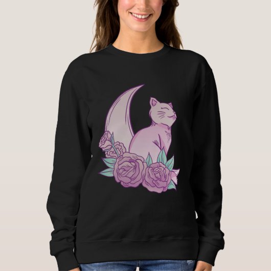 Cute Cat Moon Roses Pink Animal Fur Cool Purr Bree Trui (Voorkant)