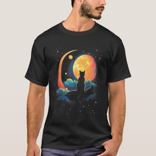 Cute Cat Motifs Cat With Moon Night Space Cat T-shirt (Voorkant)