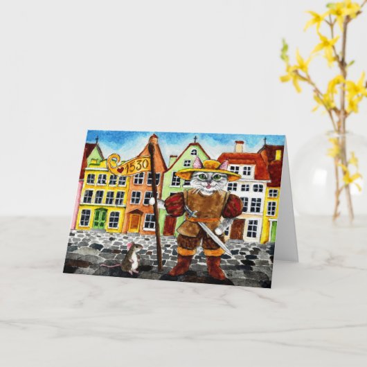 Cute Cat Mouse Estonian Folklore Wenskaart Kaart (Gele Bloem)