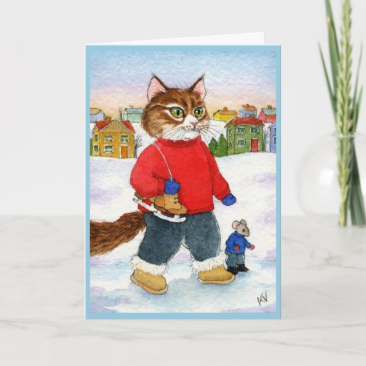 Cute Cat Mouse Skater Winter Holiday card Feestdagen Kaart (Voorkant)
